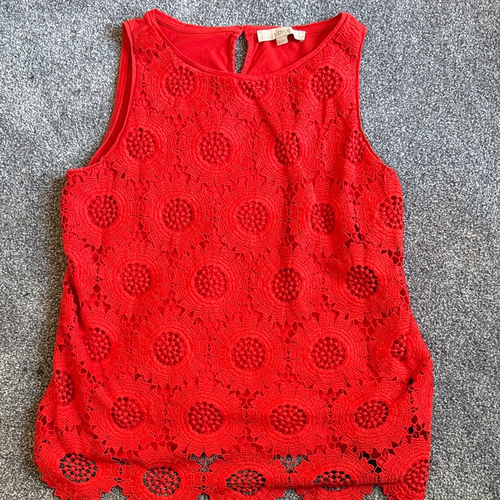 LOFT Red Floral Lace Sleeveless Blouse